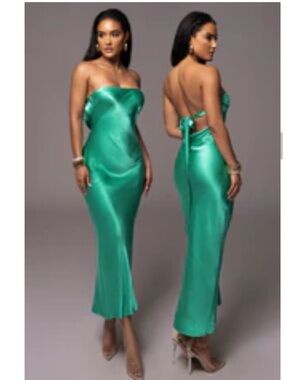 JLUXLABEL Green Satin Strapless Tie-Back Slip Dress
